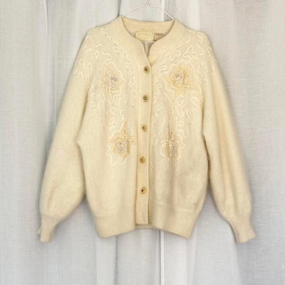 ✿ Vintage Beaded Angora Cardigan ⋆ Bellini Pearl Embroidered Sweater